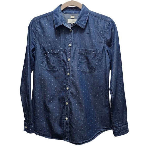 LOFT Tops - Ann Taylor LOFT Softened Denim Shirt Blue Heart Print Button Down Women S Layer